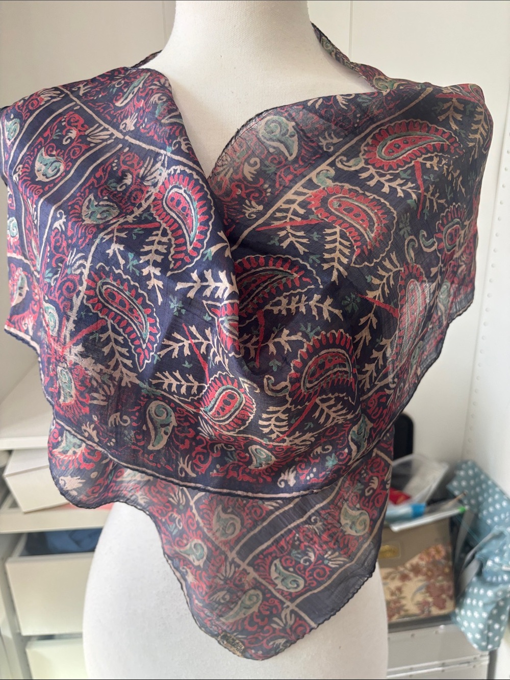Sheer Paisley Neck Scarf in Navy with Red and Green Accents
